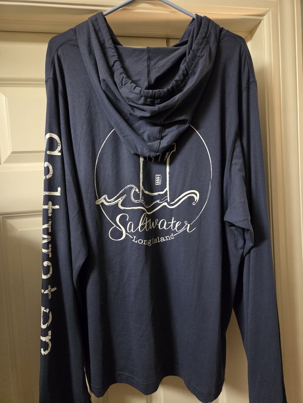 Saltwater Long Island Men's Navy Graphic Hoodie With Light Blue Drawstrings,NWT